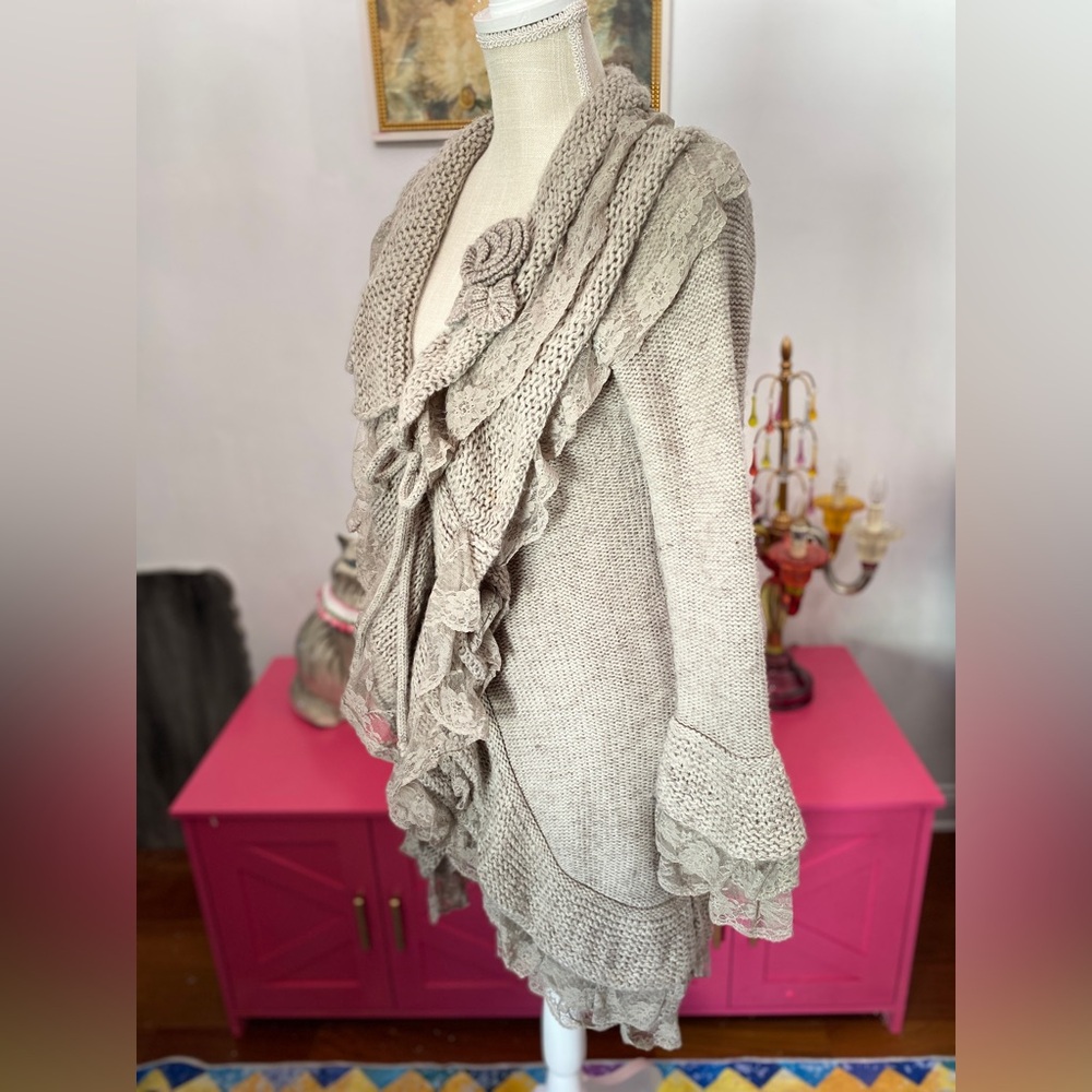 ❌SOLD❌ SIONI MIXED MEDIA APPLIQUÉ WOOL CARDIGAN SWEATER LARGE GREY BROWN - Picture 4 of 9